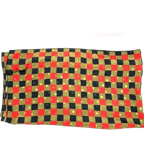 Vintage Rolled Edge Scarf - Black/Olive/Red Check Print, 45"x45" - Picture 6 of 9